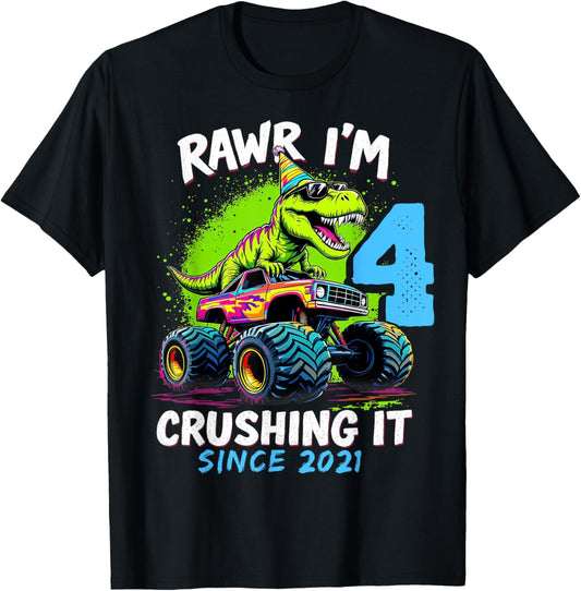 4th Birthday Monster Truck Dinosaur Party Boys Rawr I'm 4 T-Shirt
