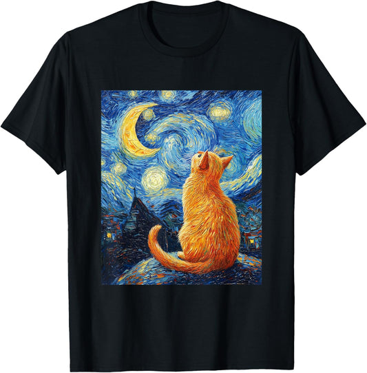 Cat Van Gogh Style Starry Night Art Funny Graphic T-Shirt