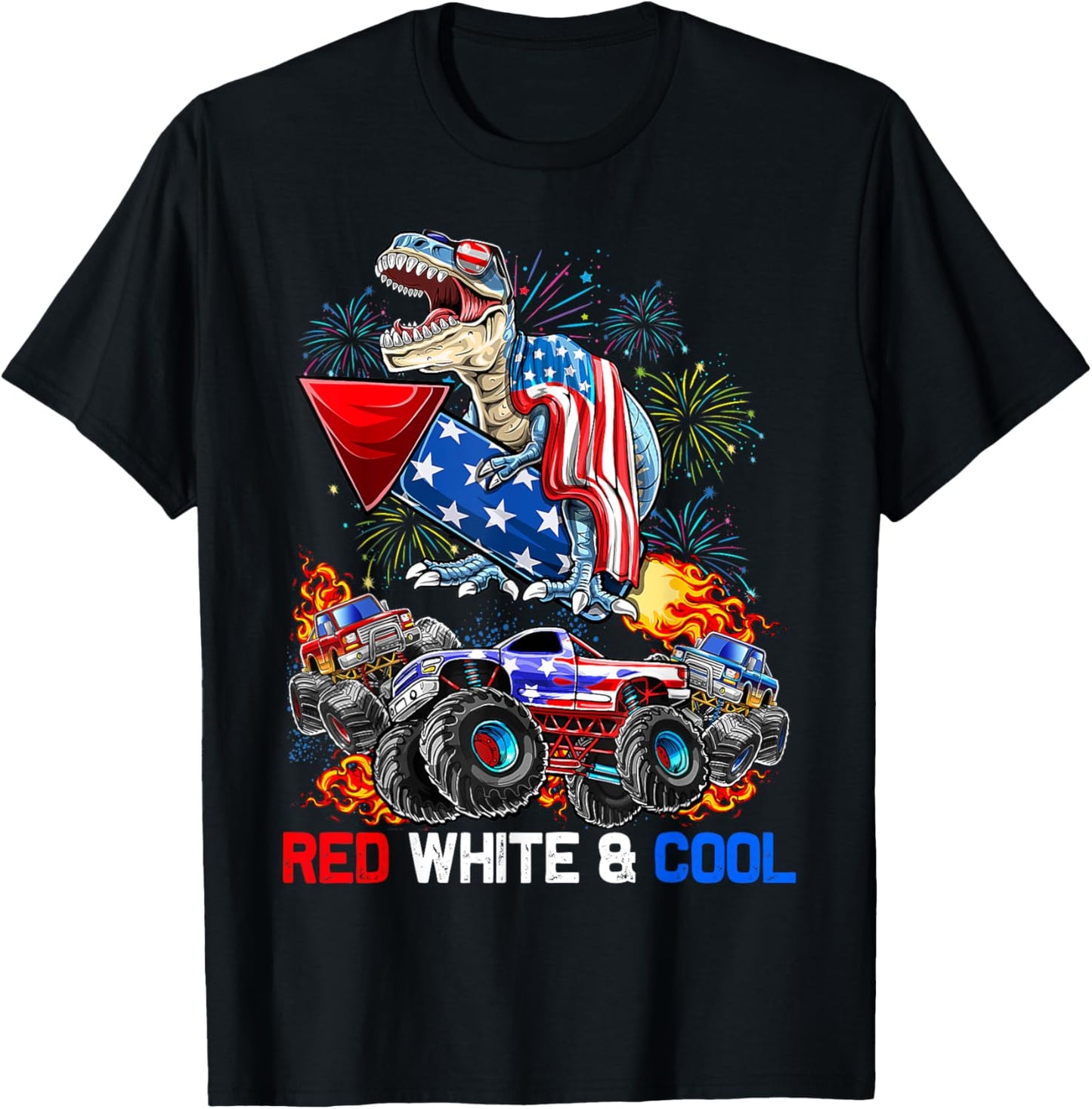 Dinosaur Monster Truck Dino 4th Of July Boys American Flag T-Shirt