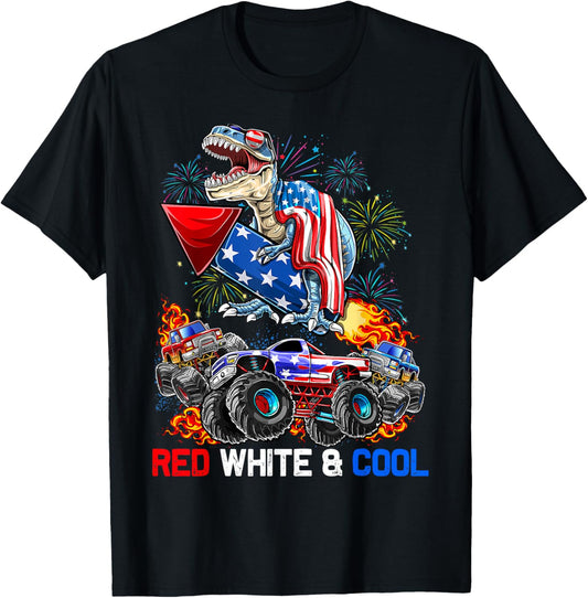 Dinosaur Monster Truck Dino 4th Of July Boys American Flag T-Shirt