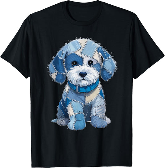Retro Funny Denim Patch Animal Dog Print T-Shirt
