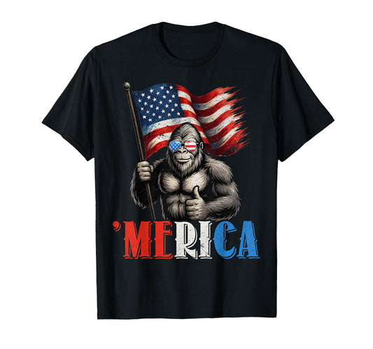 Bigfoot Merica American Flag Patriotic 4th Of July T-Shirt