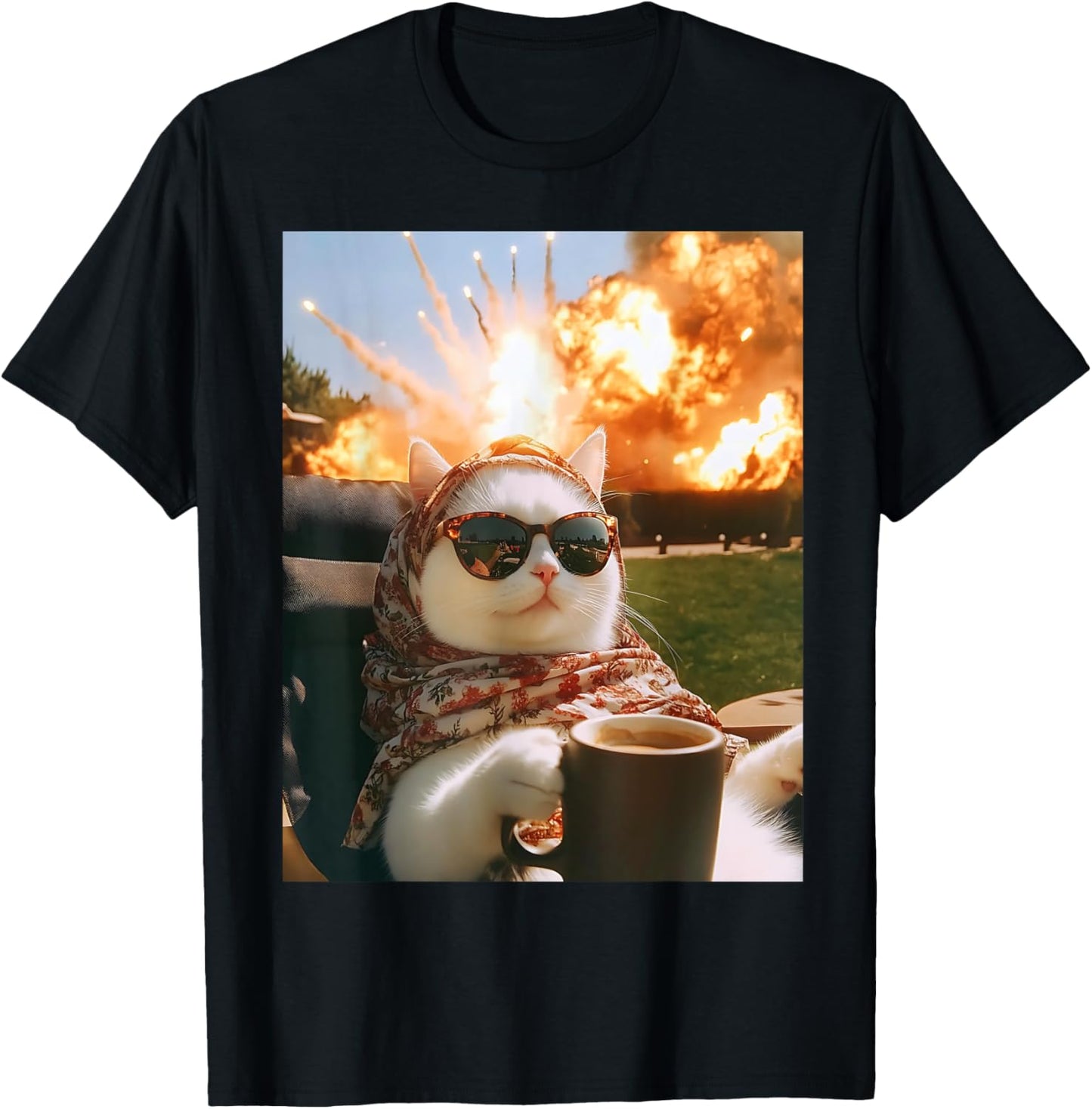 Cat Scarf Meme Drinking Coffee Selfie Chill Explosive Comet T-Shirt