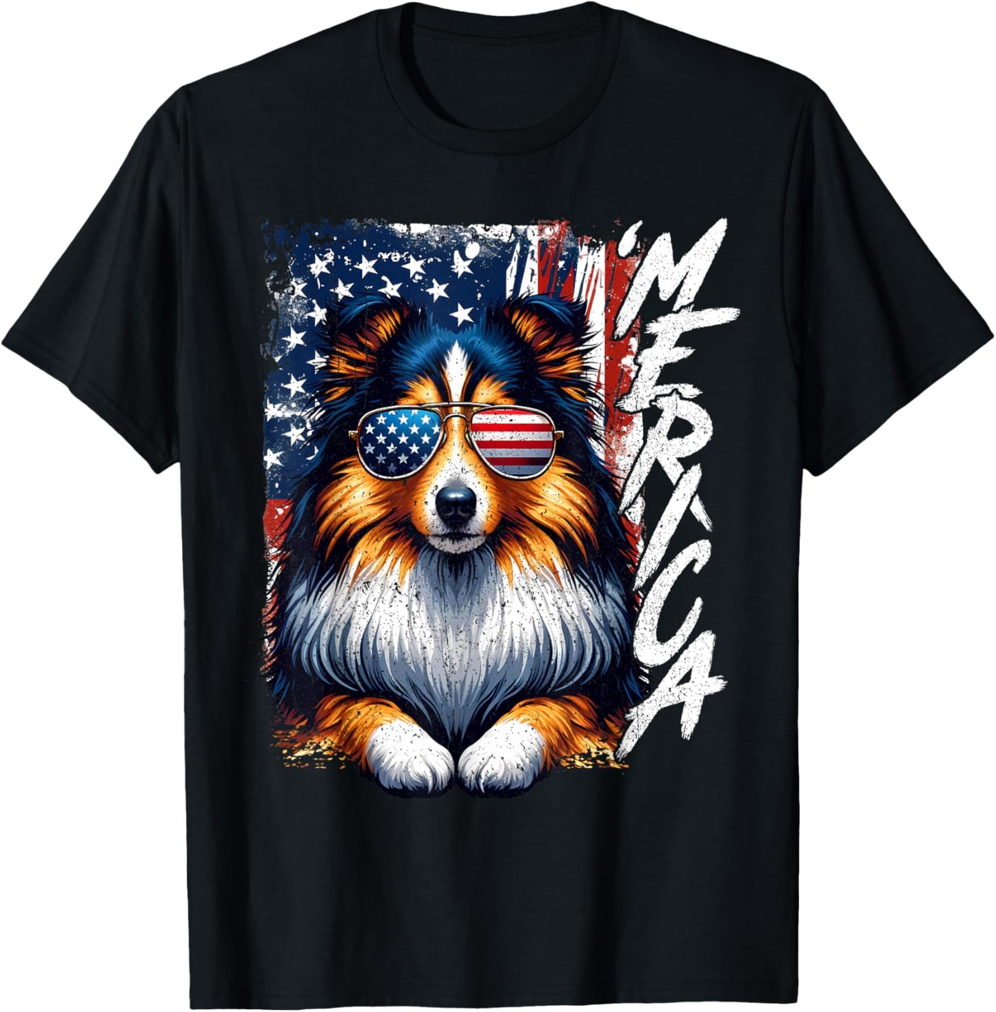 'Merica Shetland Sheepdog Dogs USA Flag Patriotic Sunglasses T-Shirt