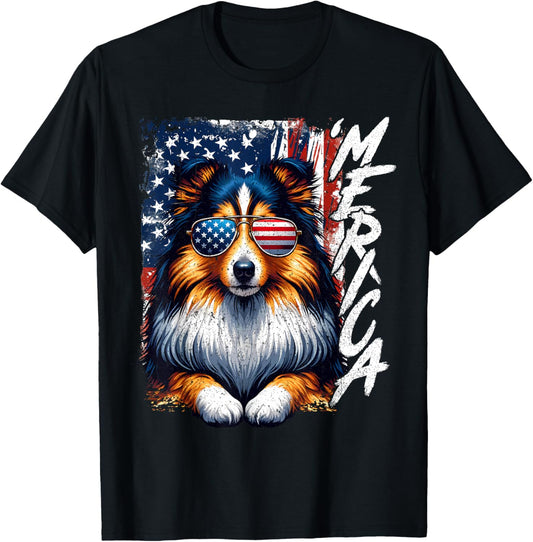 'Merica Shetland Sheepdog Dogs USA Flag Patriotic Sunglasses T-Shirt