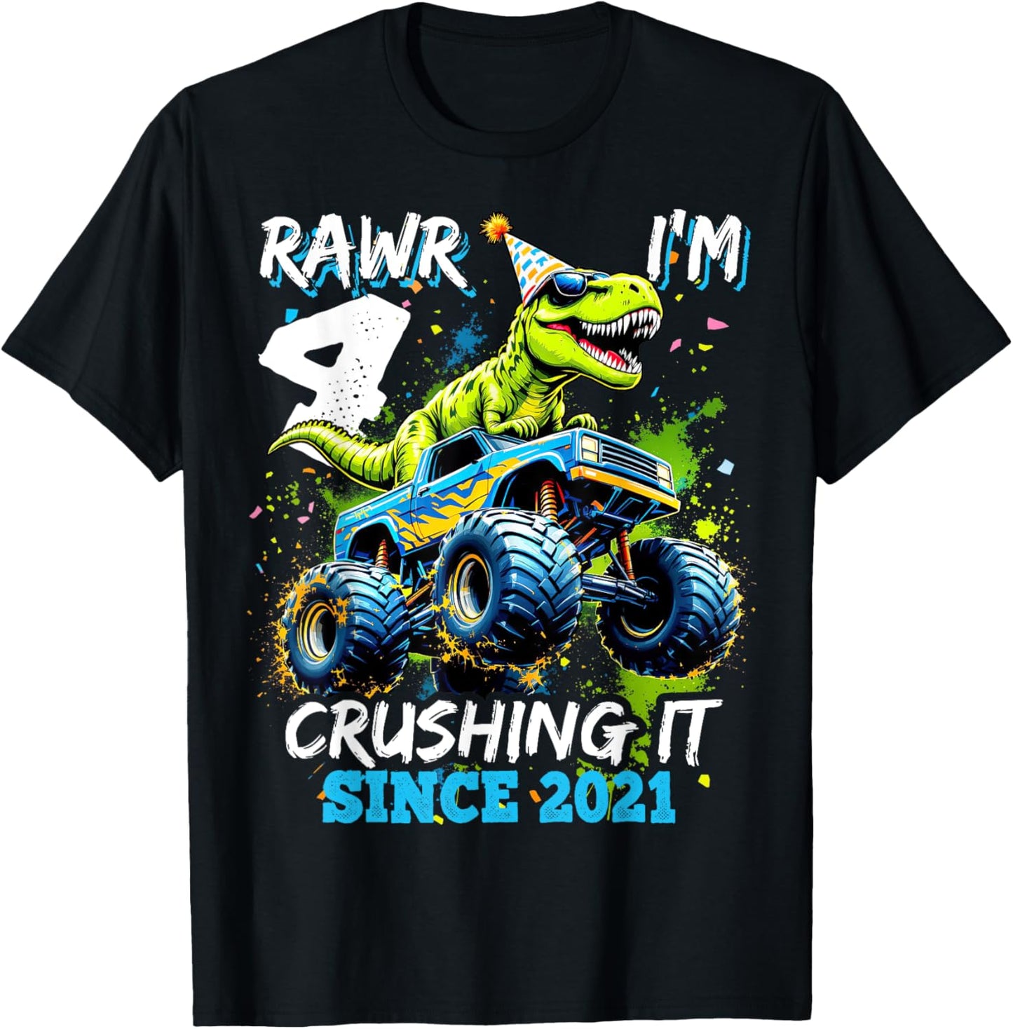 4th Birthday Monster Truck Dinosaur Party Boys Rawr I'm 4 T-Shirt