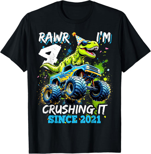 4th Birthday Monster Truck Dinosaur Party Boys Rawr I'm 4 T-Shirt