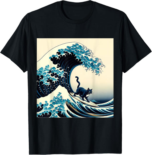 Black Cat With Surf Surfing The Great Wave T-Shirt