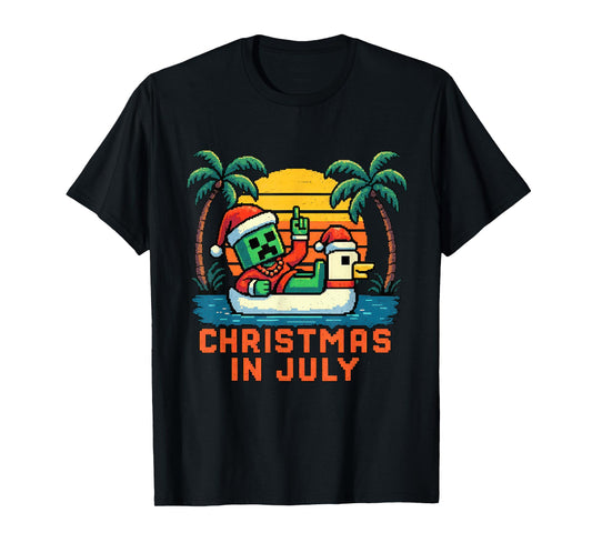 Christmas In July Funny Santa Zombie Chicken Pixel Art Kids T-Shirt