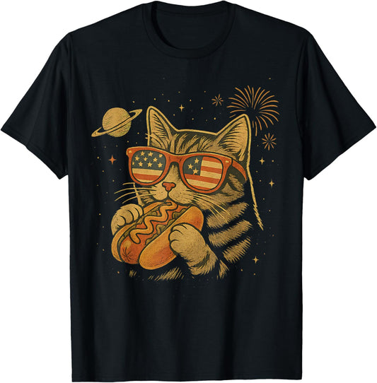 Patriotic Cat With USA Flag Glasses Eating Hotdog in Space T-Shirt