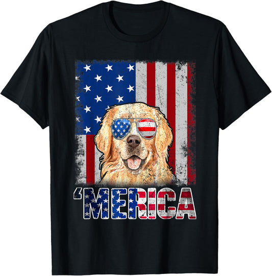 Golden Retriever 4th of July Merica Flag T-Shirt