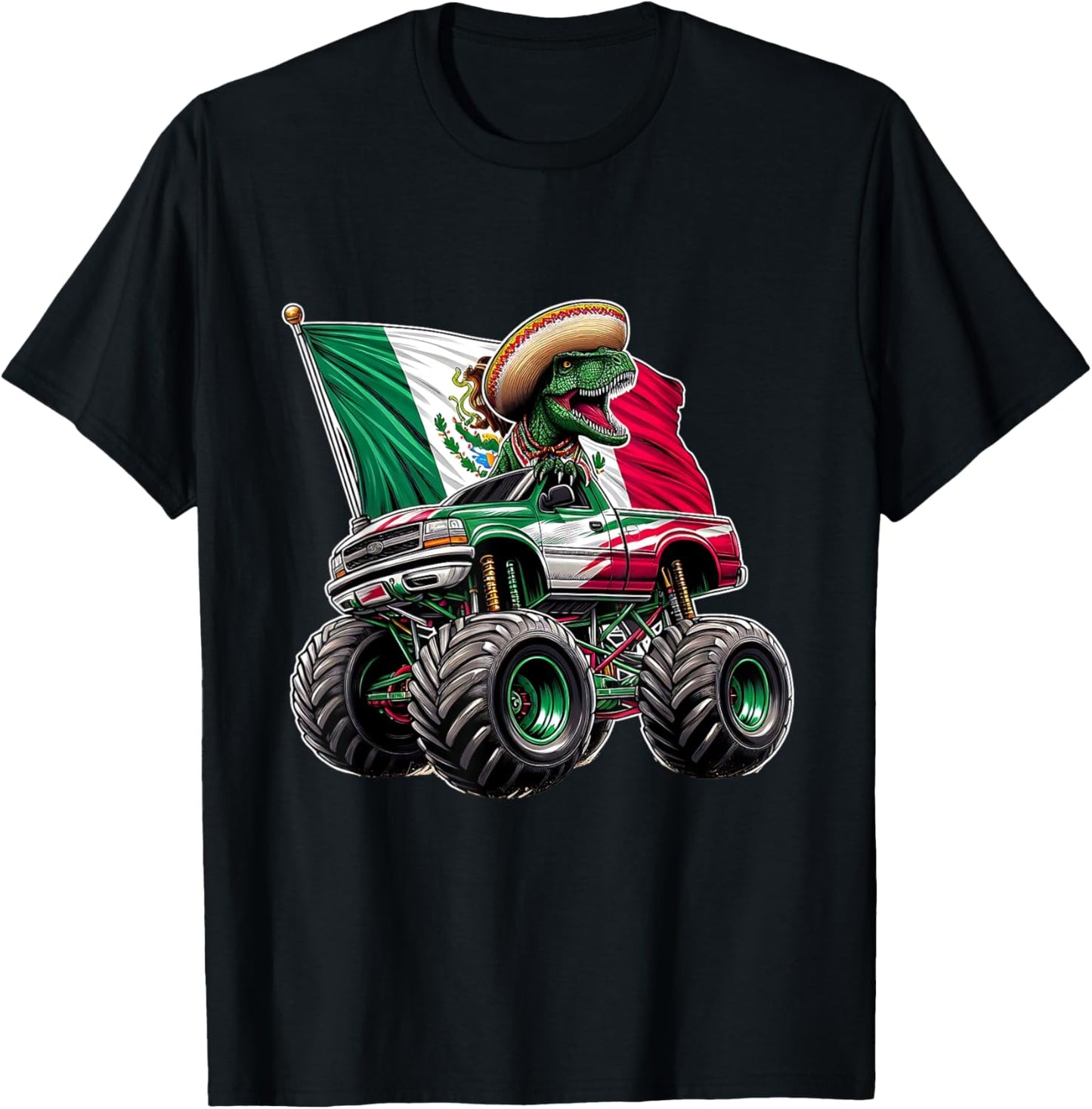 Dinosaur Monster Truck Mexico Mexican Independence day Flag T-Shirt