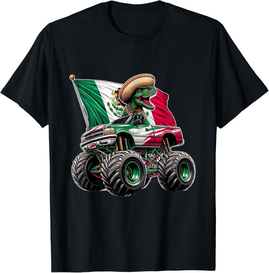 Dinosaur Monster Truck Mexico Mexican Independence day Flag T-Shirt