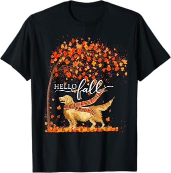 Hello Fall Tree Thanksgiving Dog Lover Golden Retriever T-Shirt for Men Women