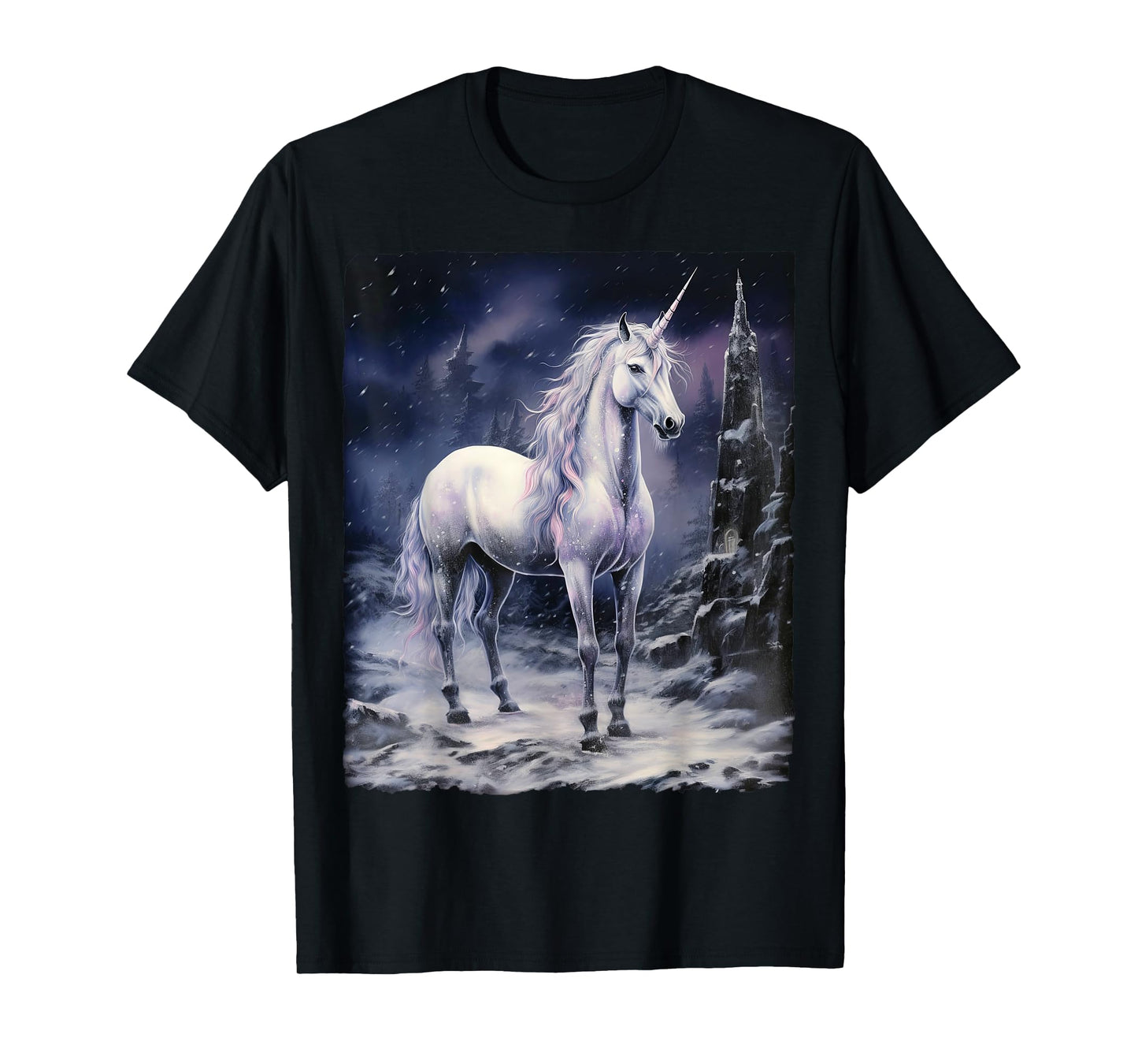 Fantasy white Unicorn standing on snowy mountain T-Shirt