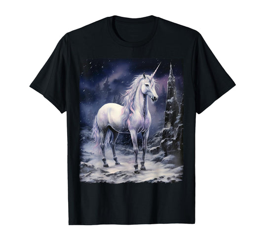 Fantasy white Unicorn standing on snowy mountain T-Shirt