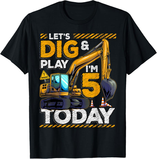 Construction Birthday Boy Shirts Boys 5th Birthday Excavator T-Shirt Black Small