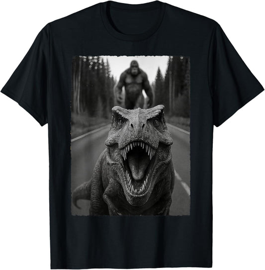 Scared t rex Selfie With Sasquatch Bigfoot , Funny Dinosaur T-Shirt
