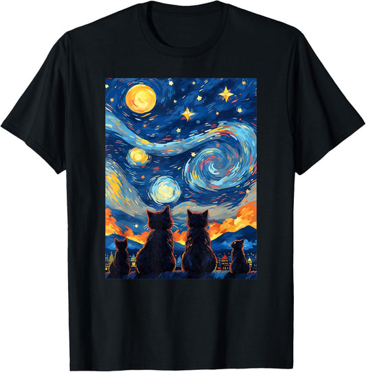 black cats Painting art Starry Night kitty kitten Van Gogh T-Shirt