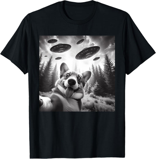 Corgi Dog Taking Selfie with UFOs Outer Space Alien Geeks T-Shirt