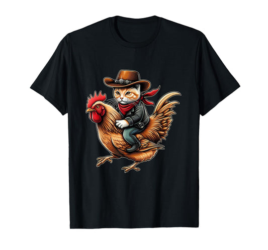 Cowboy Cat Riding Chicken Funny Western Vintage Design T-Shirt
