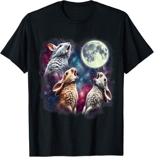 Three Rabbits Howling at Moon Funny Bunny Weird Cursed Meme T-Shirt