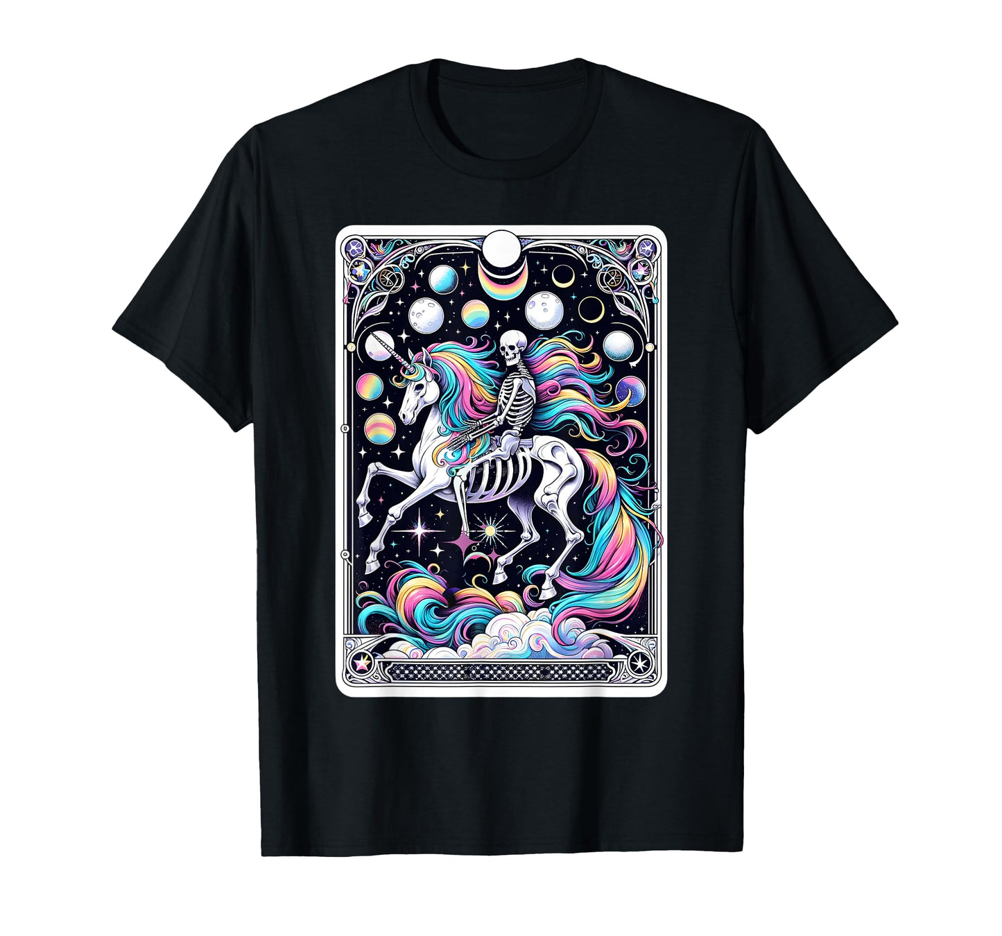 Skeleton Riding Unicorn Tarot Card Celestial Fantasy Art T-Shirt