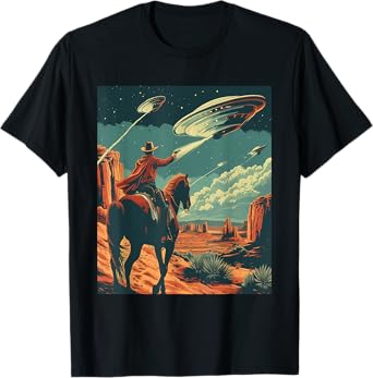 Retro Desert Cowboy Riding Horse Shooting At Space UFO Art T-Shirt