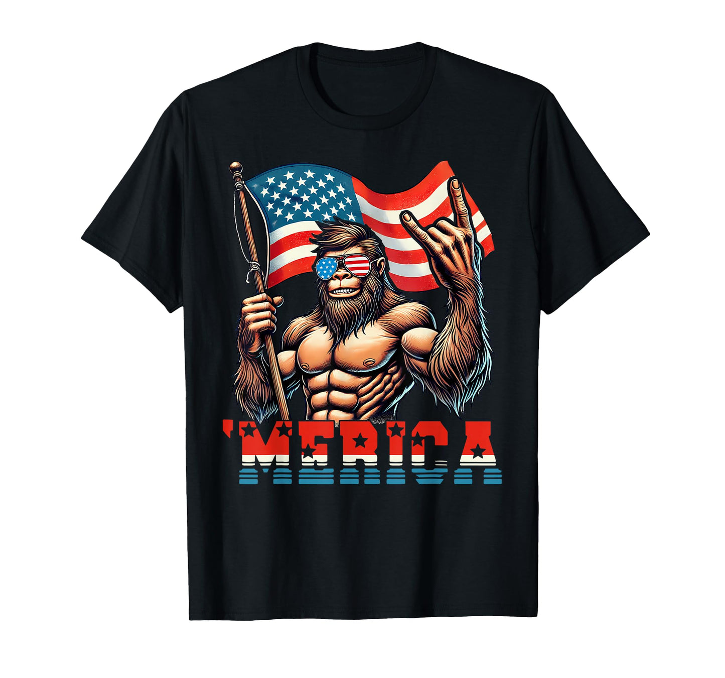 Bigfoot Merica Rock American Flag Patriotic 4th Of July T-Shirt