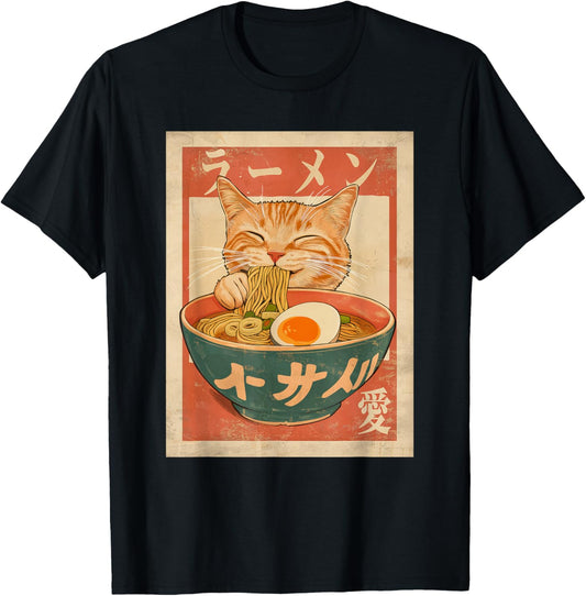 Cat Ramen Funny Japanese Vintage Graphic Tee Kawaii Anime Unisex-Adults T-Shirt Black Small