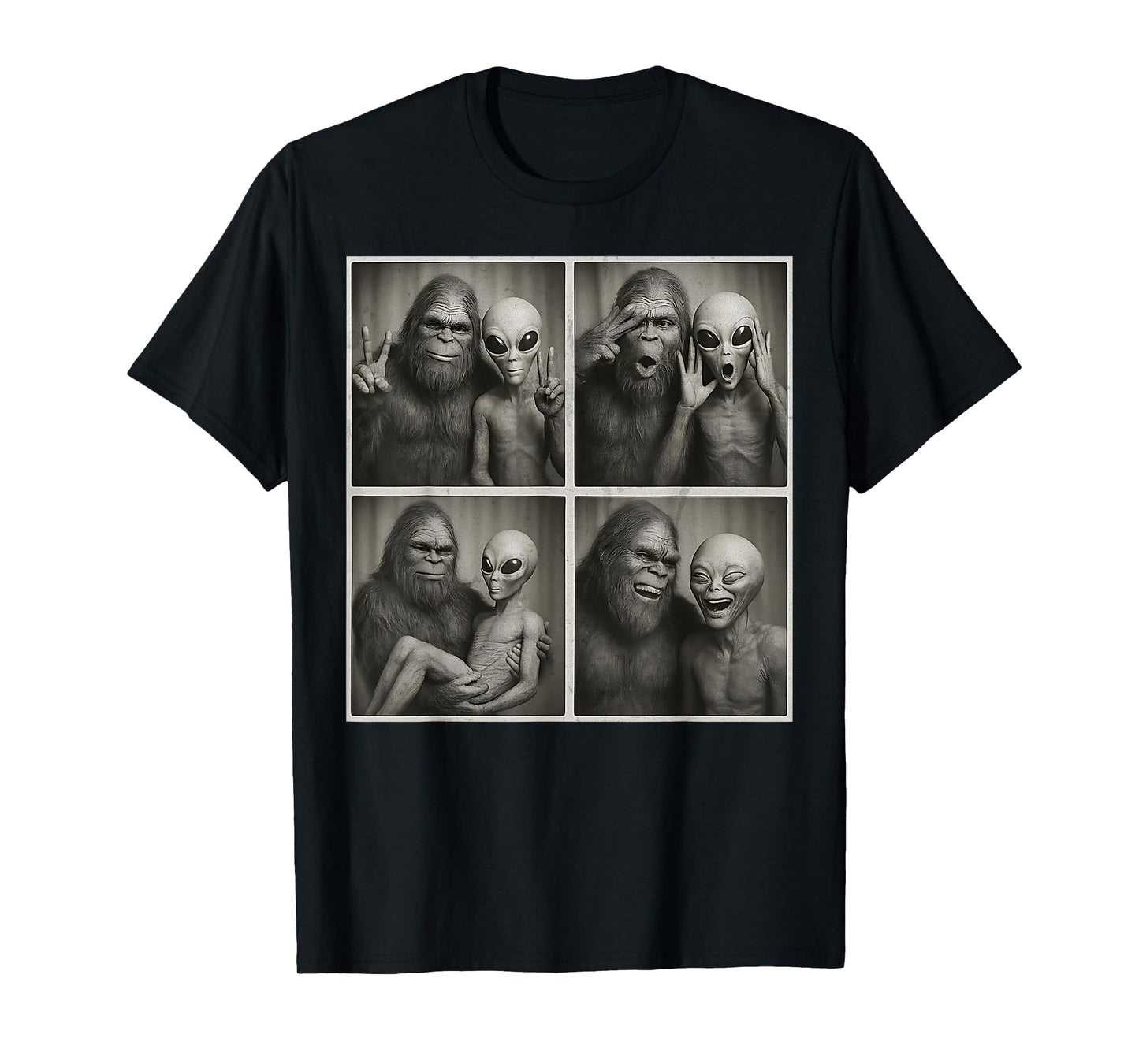 Funny Bigfoot and Alien Photobooth Vintage Sasquatch Cryptid T-Shirt