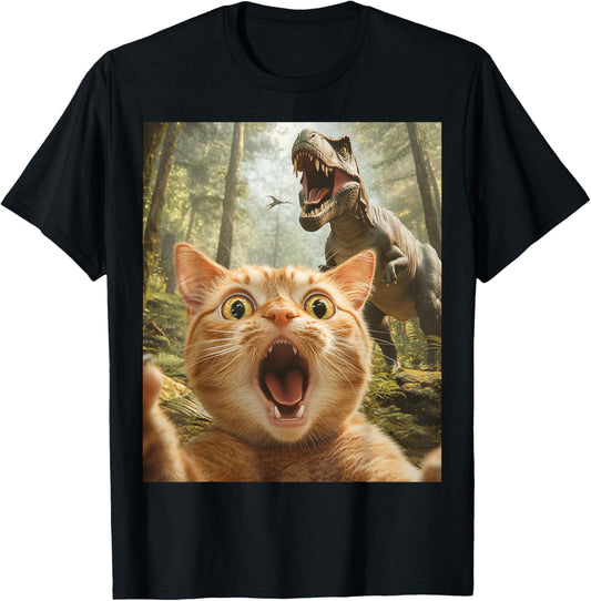 Funny Cat Selfie With Trex Dinosaur Cat Lover Womens Kids T-Shirt