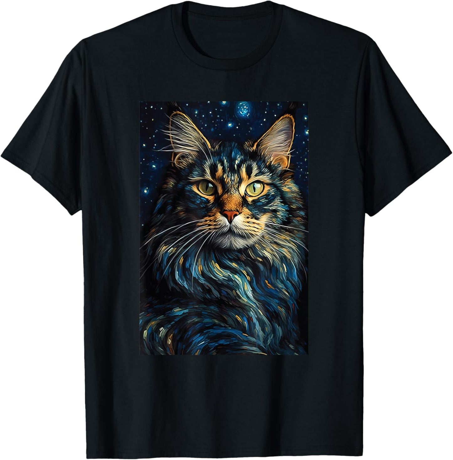 Maine Coon cat painting kitten Van Gogh art Starry Night sky T-Shirt