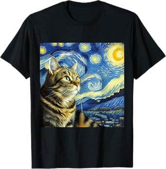 Funny Cat Lover Starry Night Van Gogh Grey Tabby Tiger Cat Men Women Kids T-Shirt