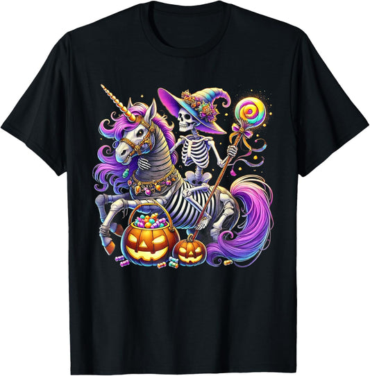Skeleton Riding Skeleton Unicorn Halloween Costume T-Shirt