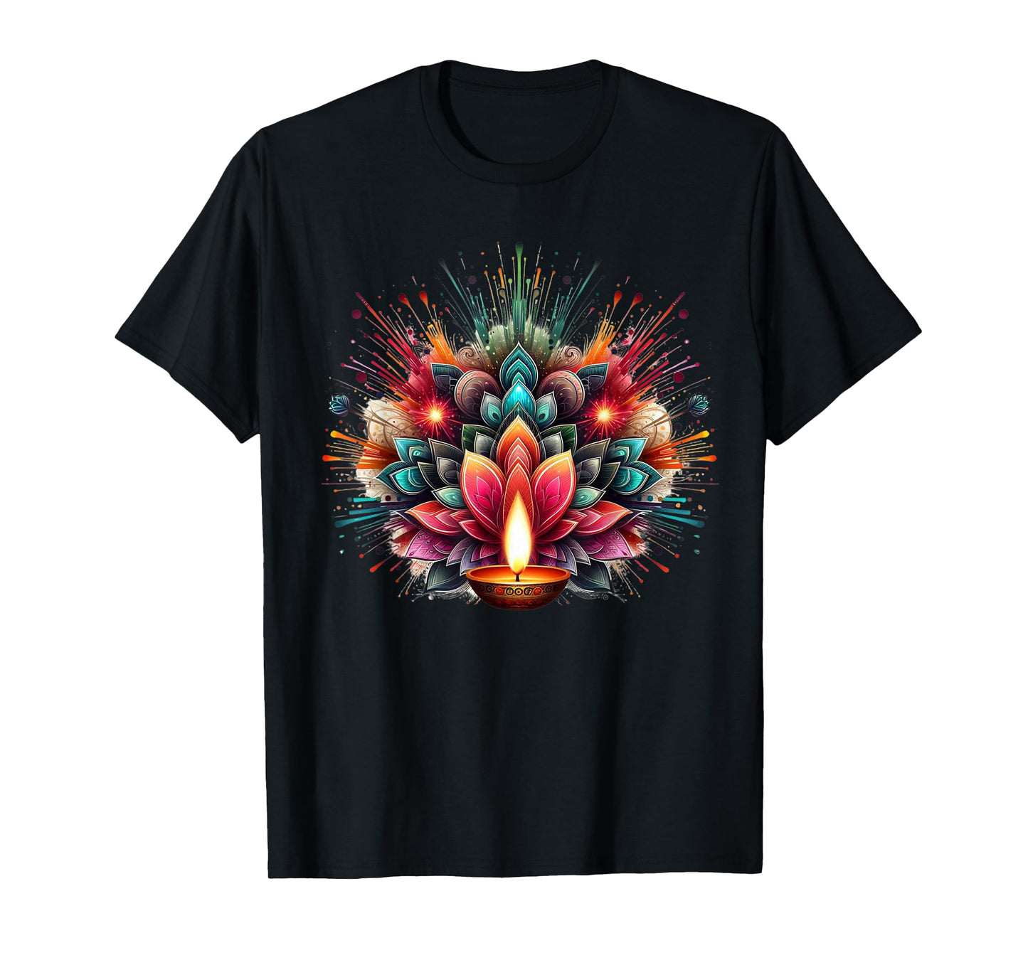 PV Mata Diwali Diya Explosion of Colors Unisex-Adults T-Shirt, Black, Small, Short Sleeve