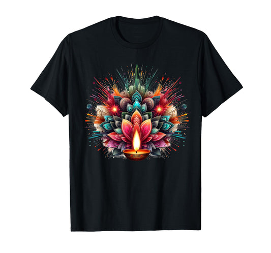 PV Mata Diwali Diya Explosion of Colors Unisex-Adults T-Shirt, Black, Small, Short Sleeve