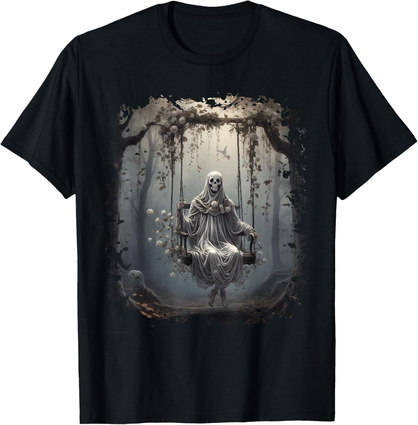 Vintage Floral Ghost On Swing In Forest Halloween Gothic T-Shirt