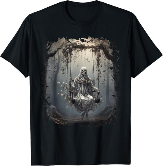 Vintage Floral Ghost On Swing In Forest Halloween Gothic T-Shirt