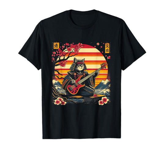 Japanese Samurai Cat Playing The Bass Ninja Kitten Warriors T-Shirt for Men Women