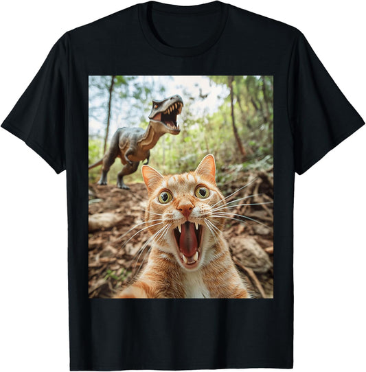 Funny Cat Selfie With Trex Dinosaur Cat Lover Kids Toddler T-Shirt