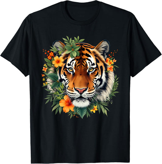 Tiger Face Flowers Animal Big Cat Cool Bengal Tiger Lover T-Shirt