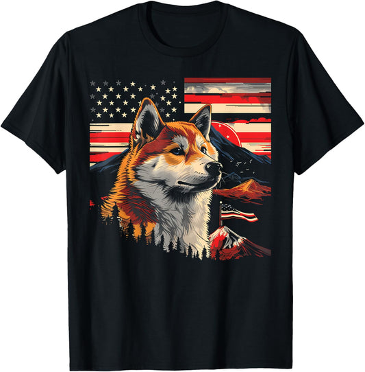 Akita American Flag 4th of July Patriotic Mountain Landscape T-Shirt