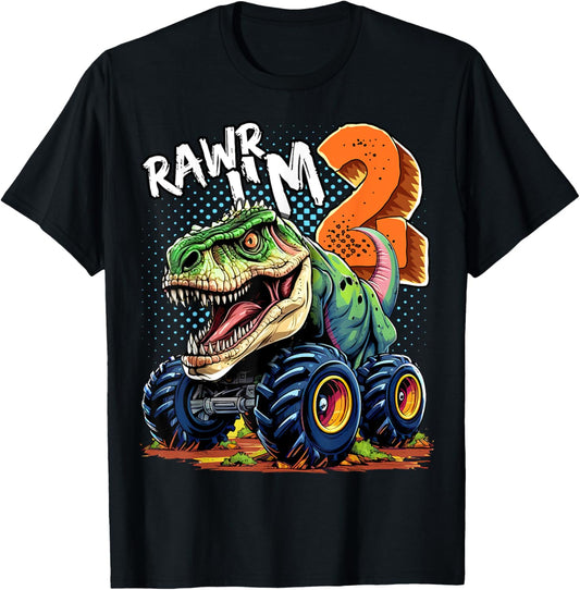 Monster Truck Dinosaur T-Rex 2nd Birthday Boy 2 Year Old T-Shirt