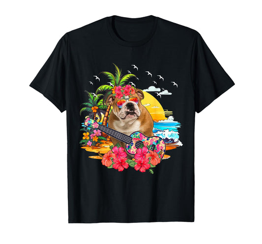 Hawaiian Floral Bulldog Sunglasses Playing Guitar On Beach T-Shirt