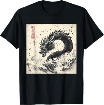 Japanese Black Dragon Retro Japanese Culture Sumi-e Ink Art T-Shirt