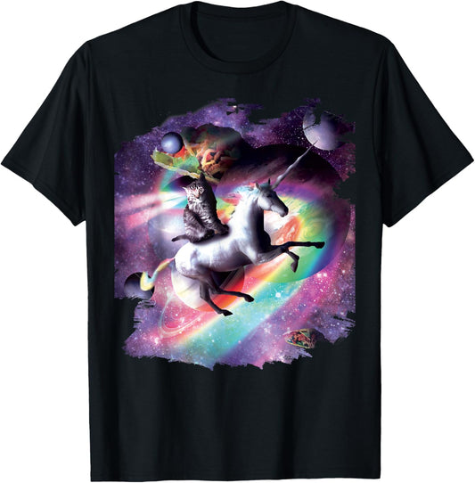 Space Cat Riding Unicorn - Laser, Tacos And Rainbow T-Shirt