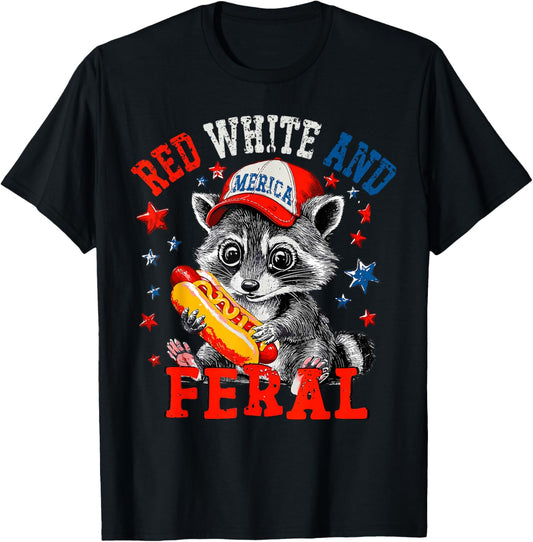 Red White And Feral American Raccoon Hot Dog 4th Of July T-Shirt