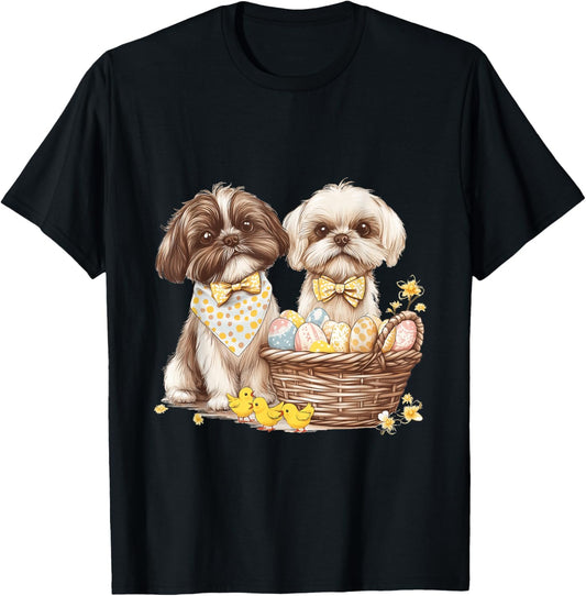 Happy Easter Shih Tzu Dogs Easter Basket With Eggs Chicks T-Shirt