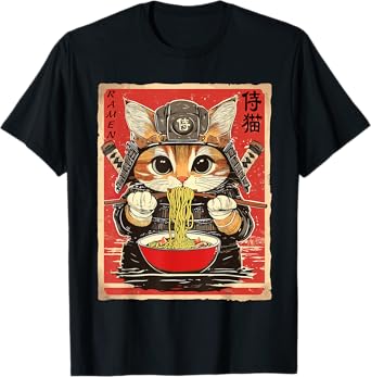 Japanese Samurai Ninja Cat Eating Ramen T-Shirt